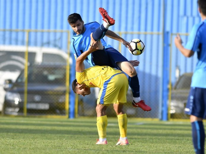 Faza de joc in meciul de fotbal dintre Metaloglobus Bucuresti si Petrolul 52, contand pentru Liga 2, desfasurat pe Stadionul Juventus din Bucuresti, vineri 24 august 2018